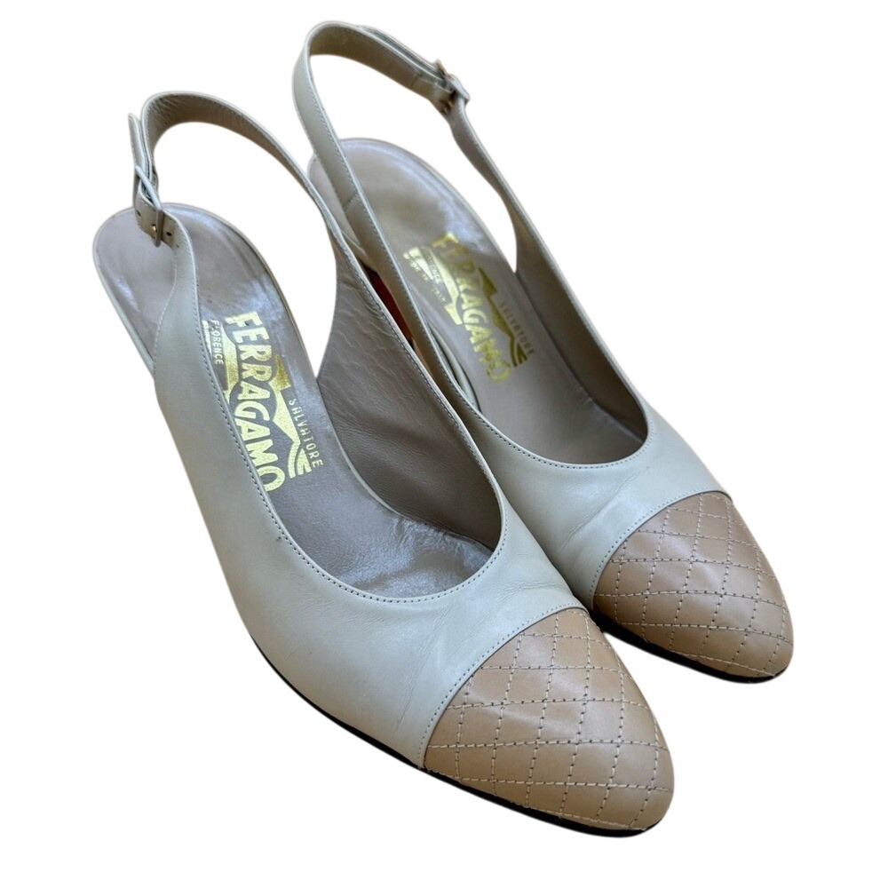 Salvatore Ferragamo Beige and Cream Slingback Heels, Women's 8.5 AA, GUC